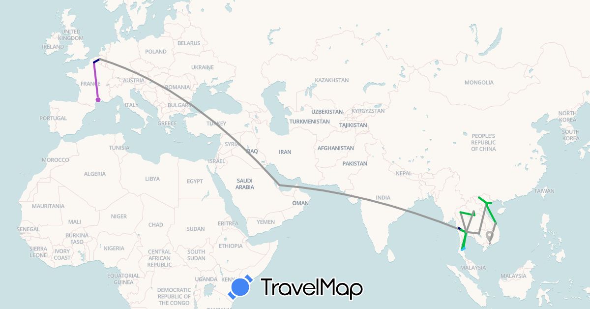TravelMap itinerary: driving, bus, plane, train, boat in Belgium, France, Cambodia, Laos, Qatar, Thailand, Vietnam (Asia, Europe)